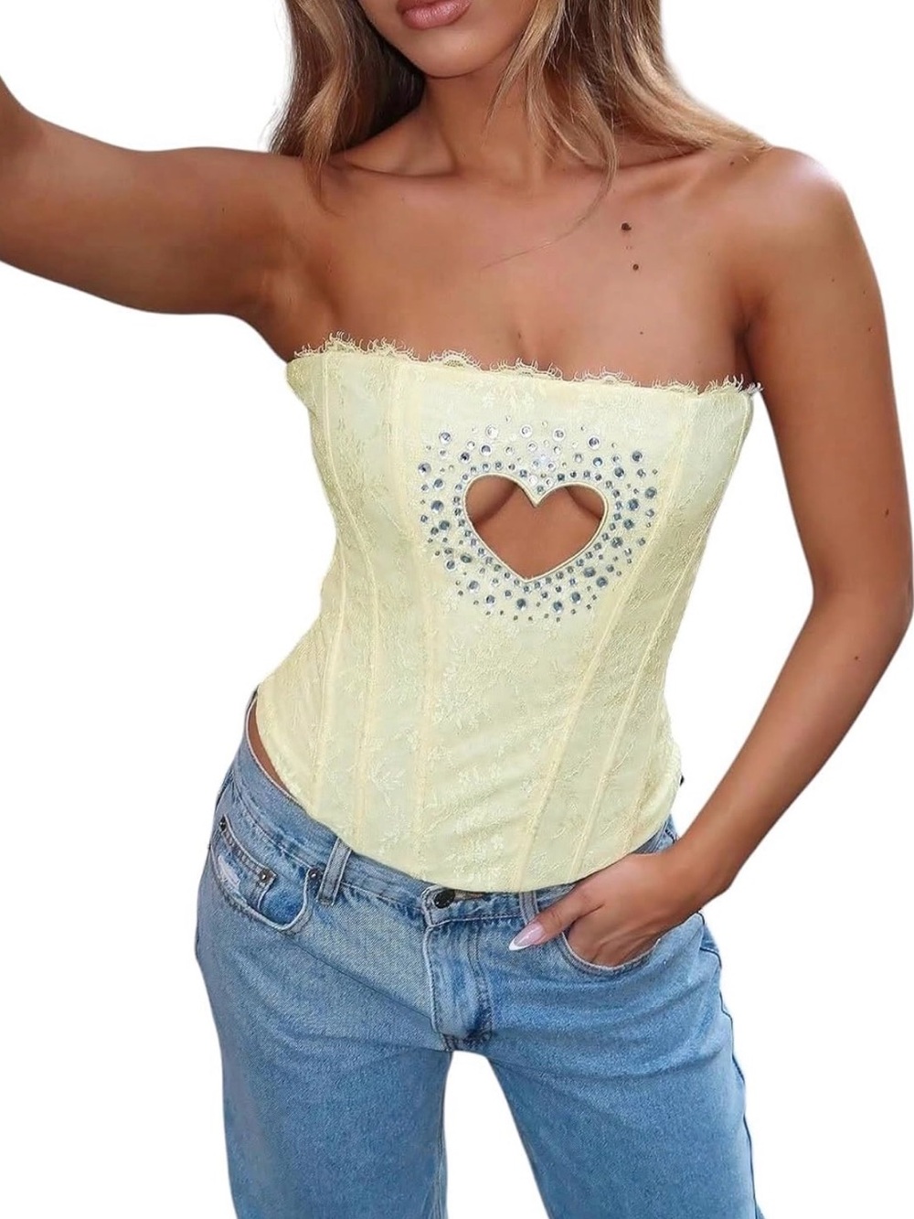 Strapless Yellow Lace Corset Top with Heart Cutout